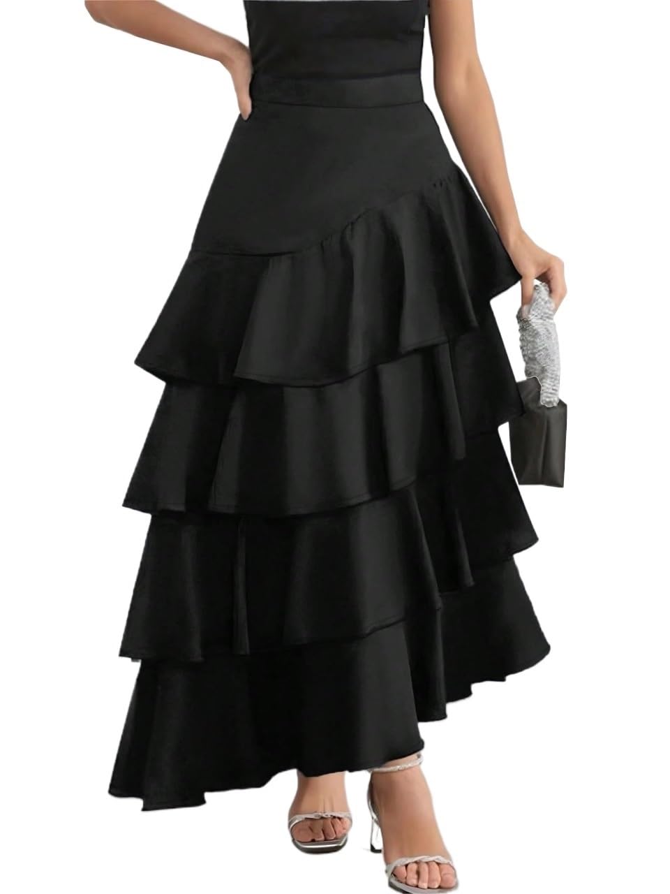 Womens Trendy A-Line Skirt High Waist Ruffle Hem Solid Color for Elegant Midi Skirt