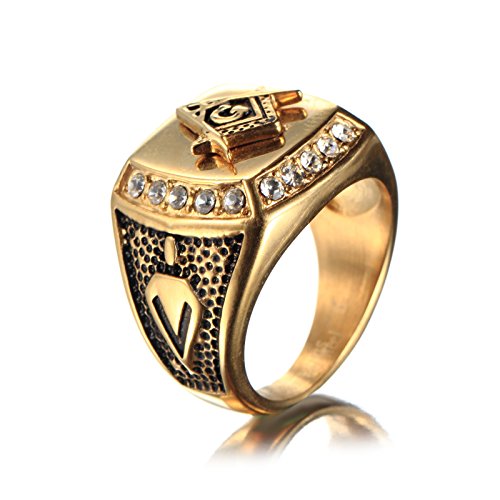 Pmtier Men's Cubic Zirconia Masonic Freemason Gold And Black Plated Stainless Steel Rings Size 12 #TOP2