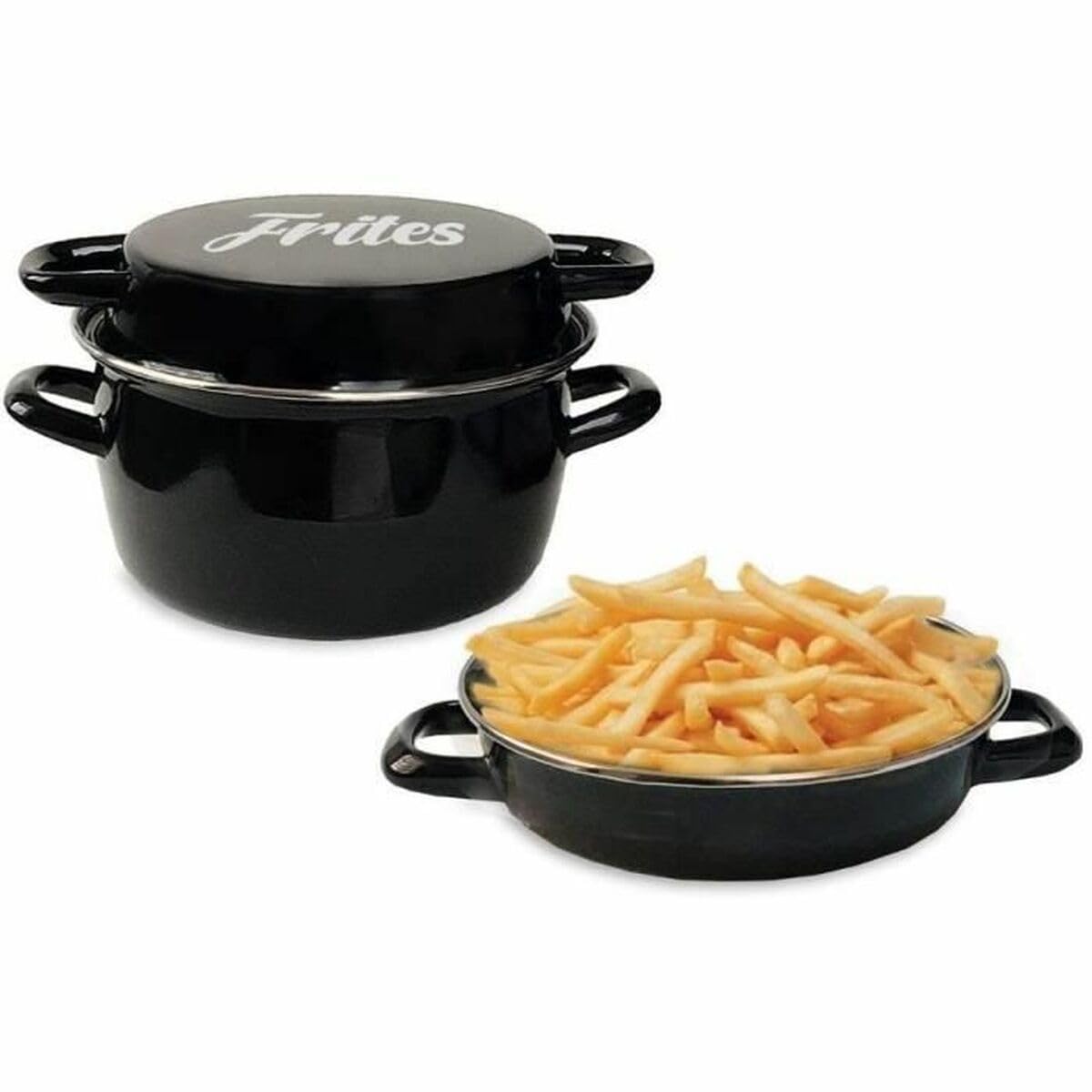 Friteuse éMail 26 Cm Noire Avec Panier Et Couvercle Verre-image