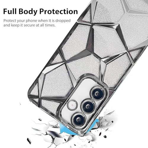 Image of VONZEE Gradient Glitter Case for Samsung M16, Luxury Electroplated 3D Cube, Diamond Bling Shiny Soft TPU Clear Shockproof Women Girls Protective Phone Cover (Silver)