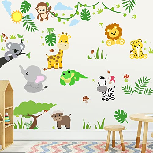 HSDSH Stickers Mural Animaux de la Jungle Autocollants Mural Animaux Foret Stickers Muraux Arbre Singe Éléphant Lion Girafe pour Chambre Enfants Bébé Pépinière