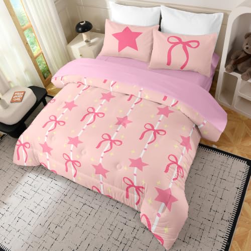 Image of NINENINE Pink Bow Star Comforter Sets, Sweet Galaxy Space Bedding 5PCS Twin Size Comforter Sets for Girls (1Comforter, 1Flat Sheet, 1Fitted Sheet, 2Pillowcases)