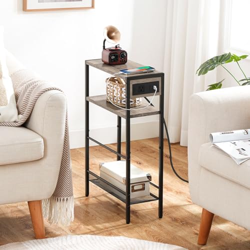 Image of HOOBRO Small Narrow Side Table with Charging Station, Skinny End Table for Small Spaces, Slim Nightstand with USB Ports Outlet, Sofa Beside Table with Storage Shelf, Greige and Black BG102UBZ01
