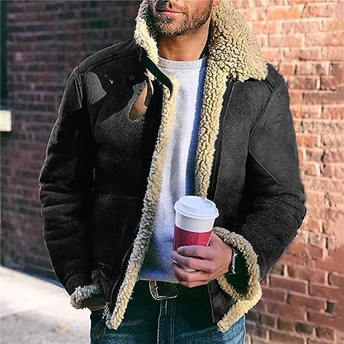 Men's Aviator Bomber Jacket Faux Fur Suede Sherpa Lined Jackets Fur Collar Lapel Casual Coat with Pockets2