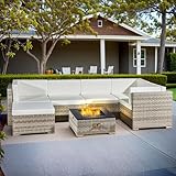 Aweather Luxurious Rattan Garden Furniture Set, 7-Piece Outdoor Sectional Sofa with Fire Pit Table (Beige)