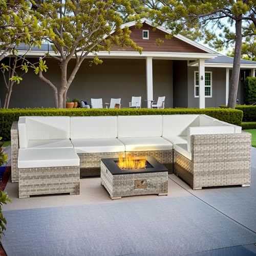 Aweather Luxurious Rattan Garden Furniture Set, 7-Piece Outdoor Sectional Sofa with Fire Pit Table (Beige)