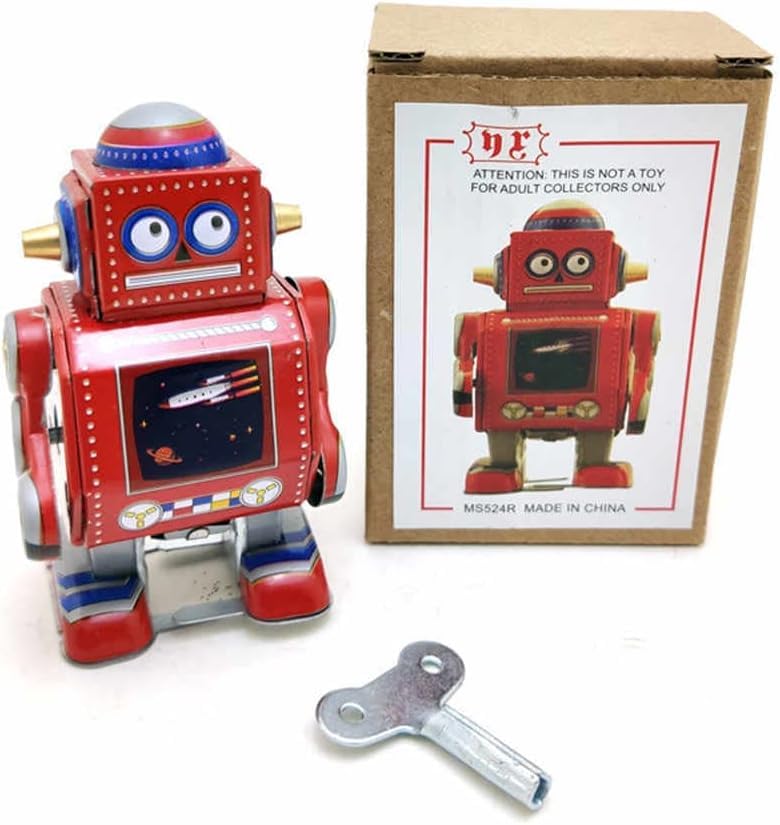 Charmgle MS524 Mini Retro Tin Toy Robot Model Machine Toy Wind-Up Toy Handicrafts Wraps Chain Toy Adult Collection Home Decoration (RED)
