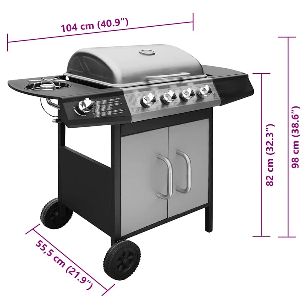 Barbecue a gas 4+1 con fornello laterale, carrello in acciaio inox e SPCC con termometro, cappa per barbecue inclusa, nero e argento