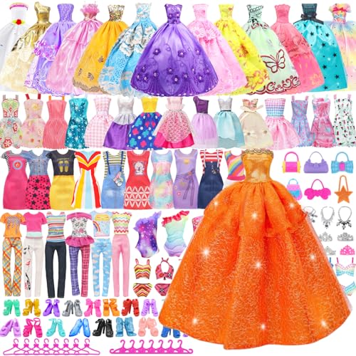 75 Pcs Doll Clothes and Accessories Gift Box Package 5 Wedding Gowns 4 Evening Dresses 8 Fashion Dresses 3 Set Casual Outfit 2 Swimsuit 30 Hanger 20 Shoes 10 Accessories for Girls 3-10 years old Gift