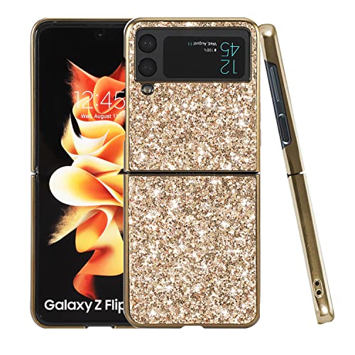 Compatible with Samsung Z Flip 4 Case Glitter Shockproof, for Samsung Galaxy Z Flip 4 Phone Case Bling Sparkly Soft TPU and PC Silicone Shiny Girl Women Thin Protective Cover (Gold)