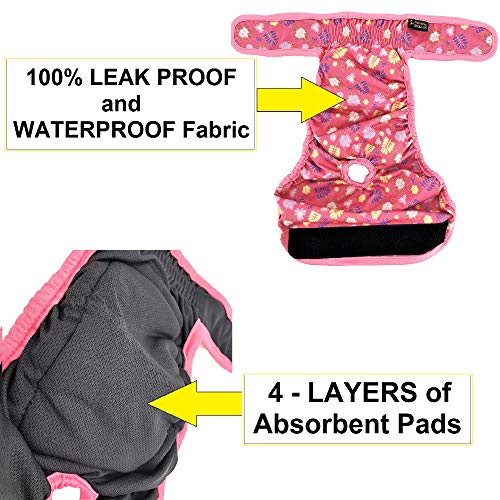 Pack Of 3 Female Dog Diapers With 4 - Layers Of Absorbent Pads Cat Panties Waterproof Leak Proof Washable (M: Waist 16" - 20", Flowers Pattern) #TOP2