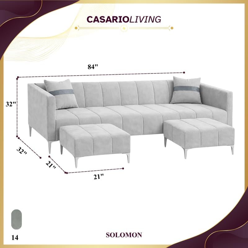 Image of Solomon 6 Seater L Shape Sofa Set with 2 Movable Ottoman | Flexible Left or Right Layout | Luxe Velvet Suede Fabric | Comfortable Seating | Modern Sofa for Living Room - Light Grey