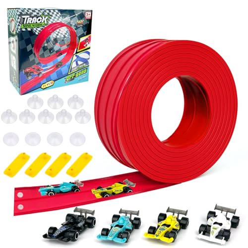 Car Racing Track(4M), 21 Pcs Pista de Coches, Circuito de Carreras de Goma, con 4 Coches y 12 Ventosas, Regalo para Niño y Niñas(Rojo)
