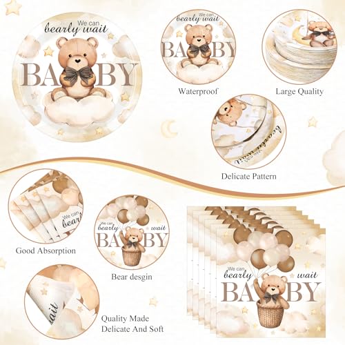 Image of Funnymoom 452 Pcs 50 Guests We Can Bearly Wait Baby Shower Decorations, Brown Neutral Baby Shower Paper Plates Napkins Cups Tablecloth Cutlery Straws Tableware Set for Gender Reveal Party Supplies
