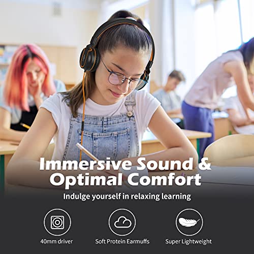 Image of AILIHEN I35 Kids Headphones for School with Mic, 93dB Safe Volume, Orange | Wired On Ear Headphones for Girls Boys, 3.5mm Foldable Lightweight for Classroom Chromebook, Laptop, Computer, Tablet