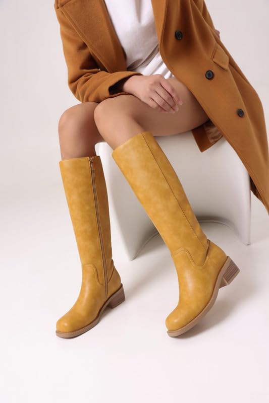 Image of ZJA Knee High Boots Square Toe Boots Low Heel Flat Long Boots for Women Dress Chunky Comfortable Tall Boots