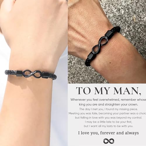 To My Man, Personalized Dual Name Infinity Leather Bracelet, Custom Name Bracelet for Men Braided Cuff Bracelet Stainless Steel Clasp Christmas Birthday Anniversary Jewelry Gift for Men2