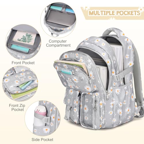 Backpack for Girls with 14oz Insulated Water Bottle, Girls Laptop Backpack for Teen Women, Termos Kids Water Bottle Stainless Steel, Lunch Bag & Pencil Pouch, Back To School Gift (Gray Daisy)3