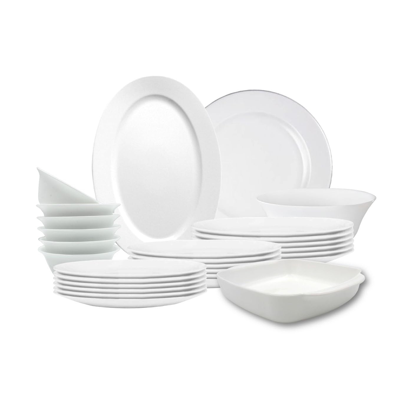 Melrich 36 Pcs Opal ware Dinner set Dishwasher safe Microwave safe Freezer safe 8 Dinner set 8 Dessert plate 8 Soup plate 8 Bowl 2 Large Bowl 1 Serving Plate 1 Grill Tray BPA free