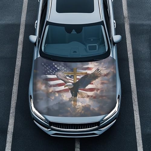 Image of Car Hood Cover Stretchable Eagle and American Flag Car Hood Wrap Blankets Vehicles Banner Auto Decorations for Compact Sedans SUV Trucks (59x39 Inch)