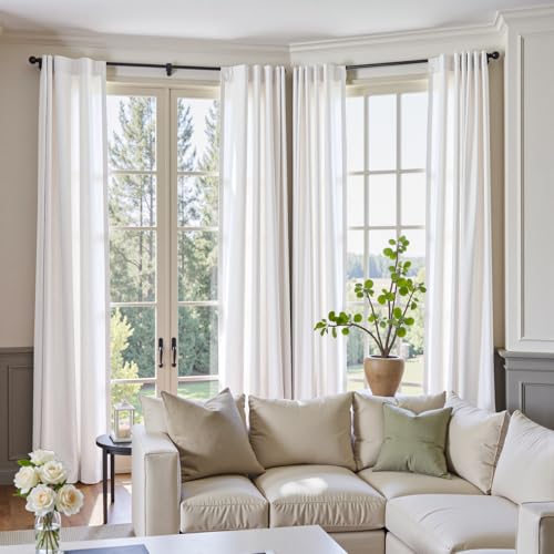 Image of jinchan White Linen Curtains 84 Inch Length, Rustic Semi Sheer Curtain for Living Room Bedroom Home Decor Drapes Back Tab, Set of 2 Panels