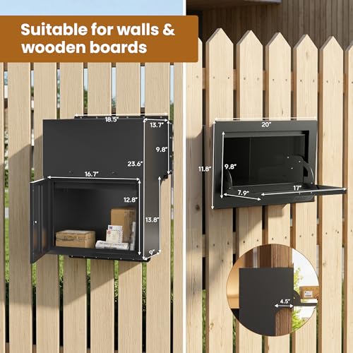 Image of Large in-Fence Parcel Drop Box - Easy Assembly Through-the-Wall Package Delivery Box with Rear Access Door - Anti-Theft Locking Mailbox for Packages and Mail (Sleek Black Steel)
