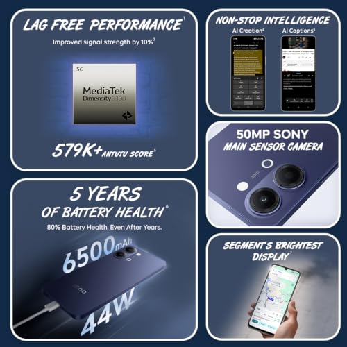 Image of iQOO Z11 Lite 44W 5G (Midnight Blue, 6GB RAM, 128GB Storage) | 6500mAh Battery with 44W Fast Charging* | Dimensity 6300 with 579k+ AnTuTu Score* | OriginOS 6.0 with AI Creation* & Private Space*