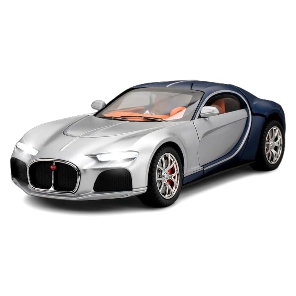 1:24 Scale Bugatti Atlantic Alloy Car Model Diecast Toy Vehicles for Kids, with Lights and Music，Gifts for Adults and Children, Decorative Objects, Collectibles. (Silver Blue)