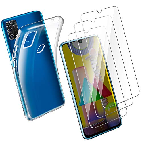 Leathlux Funda Samsung Galaxy M31 + 3 x Protector de Pantalla Samsung Galaxy M31, Transparente TPU Silicona Funda + Cristal Vidrio Templado Protector de Pantalla y Carcasa Samsung Galaxy M31