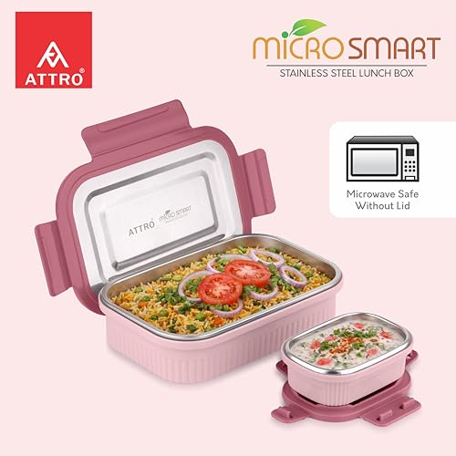 Image of ATTRO Micro Smart Stainless Steel Lunch Box with Inner Steel Body, Microwave Safe Without Lid, Airtight Leakproof with Small Container for Office, School Kids & Outdoor Use - 800ml+180ml-Peach