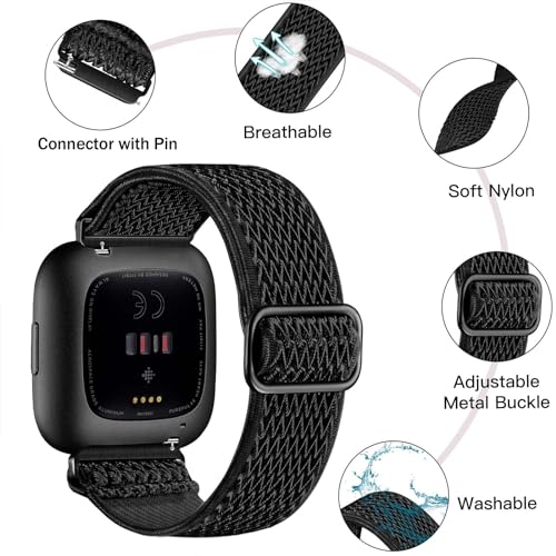Fuleda Elastic Bands Compatible with Fitbit Versa 2 Band Women Men, 2Pack Soft Adjustable Nylon Breathable Sport Band for Versa/Versa 2/Versa Lite/SE Smartwatch Loop Stretchy Wristband, Black & Gray by Fuleda - Image 2