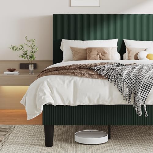 Image of Allewie King Bed Frame, Corduroy Tufted Headboard, Dark Green | Soft Corduroy Fabric, Adjustable Headboard, 1000 lb Capacity, Wooden Slats, No Box Spring Needed, Easy Assembly