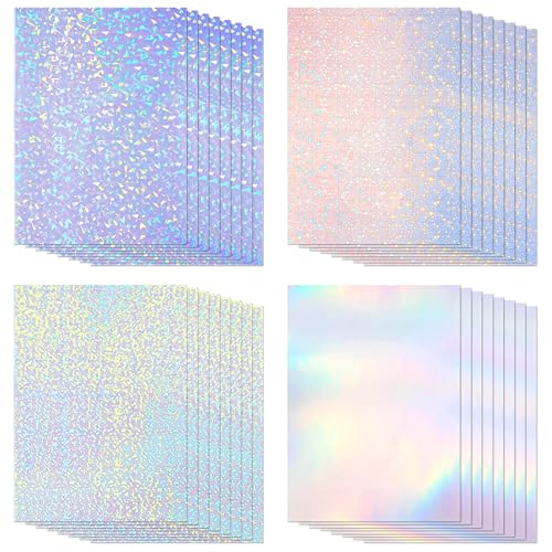 Staranry 32 Blatt Holografische Folie A4, Klare Hologrammfolie, Selbstklebend Vinyl Holographische Aufkleber Papier, Transparent Glitzerfolie für Bastelarbeiten, DIY Dekoration, 4 Motive