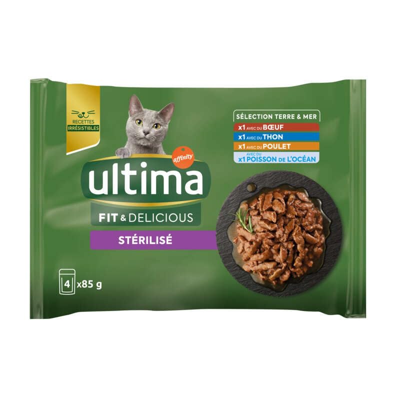 Ultima Sachet Repas Chat Stérilisé Poulet, Bœuf, Thon & Poisson De L'Océan 4x85g