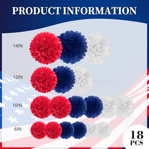 Image of 18 PCS Tissue Paper Pom Poms, Tissue Pom Poms Flowers, Sizes of 6 inch, 10 inch, 12 inch, 14 inch Hanging Paper Flower Ball for Independence Day, Fourth of July, Baby Shower Party Decor (Red Blue White)
