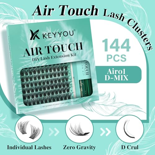 KEYYOU Lash Extension Kit 144pcs Air Touch Lash Clusters with Bond and Seal Lash Applicator Remover D Curl DIY Eyelash Extension Kit Easy to Apply at Home(Air01Kit-D-8-18Mix) — view 2