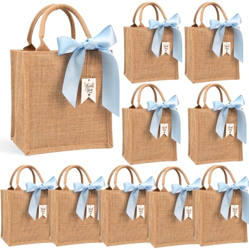 JollyFayre 10 Pack Small Burlap Gift Bags with Blue Ribbons for Bachelorette Bridesmaid Wedding Welcome Reusable Jute Tote