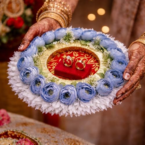 Image of SATYAM KRAFT 1 Pc Handcrafted Engagement Ring Holder Platter Round thali-Ideal for Rakhi, Ring Ceremony, Sagai,shaadi Decor,Marriage, Handmade Decorative Platter for Brides Maid (Blue)