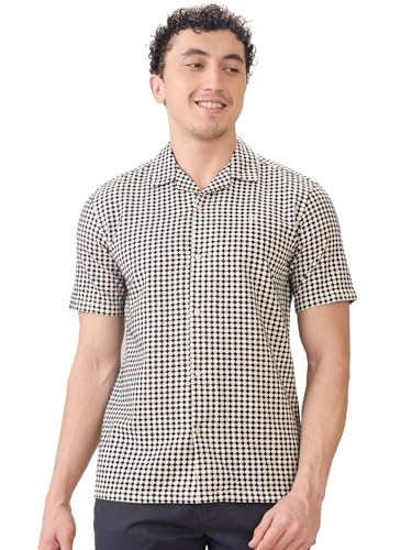 Image of Raymond Men Regular Fit Print Pattern Pure Cotton Hidden Button Down Half Sleeve Casual Shirt