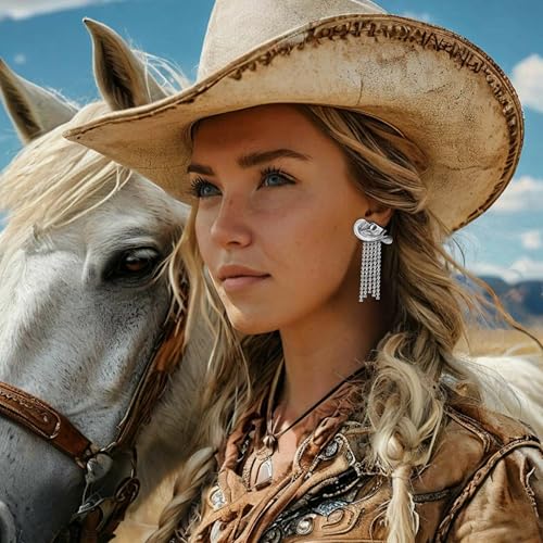 Western Cowgirl Earrings for women, Silver Rhinestone Dangle Earrings as Rodeo Country Concert Outfits for Women, Sparkly Western Boots Jewelry Cowboy Hats as Summer Concert Accessories2