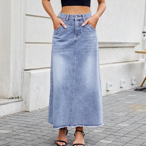 Women's Vintage Denim Maxi Skirt Casual High Waist A-Line Frayed Hem Trendy Fashion Long Jean Skirt with Pockets4
