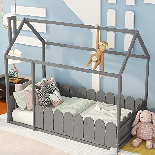 Buy MERITLINE House Bed for Kids, Wood Twin Floor Bed with Roof and