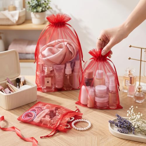 Image of FUNFERY 100PCS Red Organza Gift Bags 5x7in,Drawstring Pouch for Jewelry