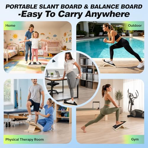 Image of 3-in-1 Slant Board & 180 /360 Balance Board, Portable 6 Angle Adjustable Calf Stretcher with Training Poster, Anti-Slip 300LBS Wobble Board for Physical Therapy, Standing Desk & Core Strength