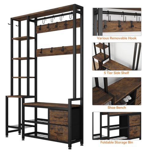 Hall-Tree-for-Entryway-43-Bench-with-Shoe-Storage-Large-Coat-Rack-Shoe-Bench-with-5-Tier-Shelves-5-in-1-Design-Front-Door-Shoe-Rack-and-Wall-Rack-Hooks-and-2-Drawers-Rustic-Brown