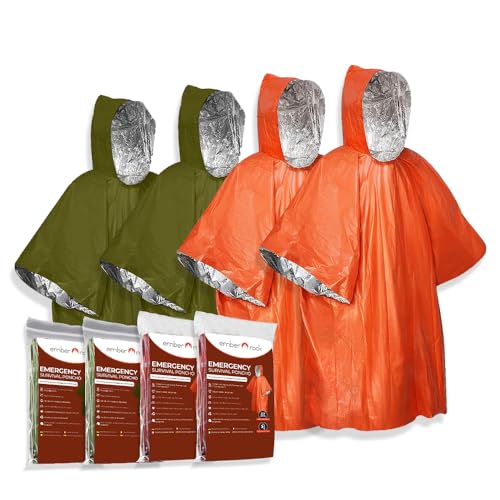 Ember Rock Notfall Survival Poncho mit Thermo Mylar Folienbeschichtung und Decke für Wärmehaltung Regenschutz. Wendbar mit Kapuze