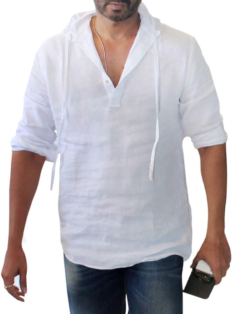 Enjoybuy Men's Long Sleeve Pullover Hoodie Linen Henley Shirt Casual Hippie Lightweight, 01-white, XX-Large