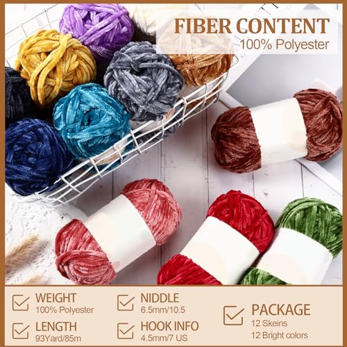 Image of Xinnun 12 Skeins 1116 Yards Chenille Velvet Soft Thick Plush Yarn Bulk for Crocheting Knitting Blanket DIY Weaving Craft, 6mm, 3.5 Oz /Skein(Elegant Color)