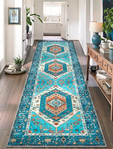 SERISSA Boho Washable Runner Rug, 2'6"x10' Rug Runner Non-Slip Vintage Blue Hallway Kitchen Runner Rug Ultra Soft Print Distressed Tribal Floor Carpet Runner for Bedroom Bathroom Laundry Room