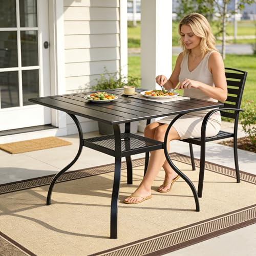 Image of SUNCROWN 37 inch Black Patio Outdoor Dining Table Metal Steel Slat Square Bistro Table for Porch Deck Garden Backyard Poolside, 1.57 inch Umbrella Hole